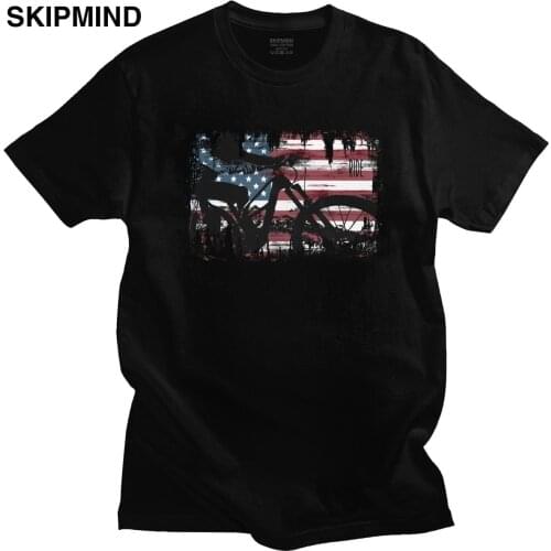 Mens Vintage American Flag Mountain Bike T-Shirt Short Sleeve Crewneck Cotton T Shirt Casual Grunge MTB Tees Gift Tops Clothing