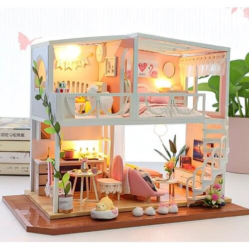 DIY Wooden Casa Dollhouse Kits Assembled Miniature Furniture Princess Loft Light Doll House 2D Model Roombox Toy for Adult Gifts