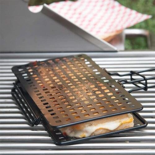 Portable Wood Handle Nonstick Coating Grilled Cheese Press BBQ Grilling Basket With Meat Burger Clip BBQ Tool Grill Accessories