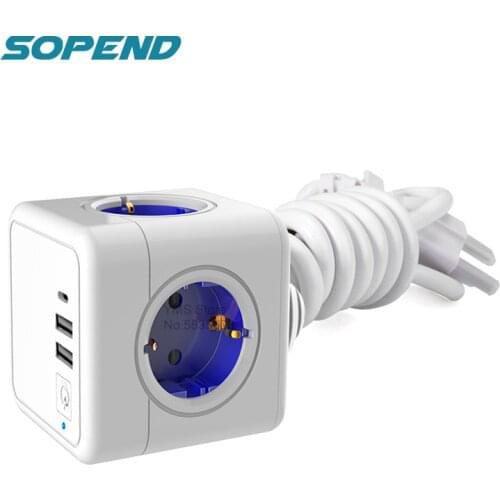 Sopend Power Strip Powercube with Swtich and Type-C Ports Outlets Eu Plug Socket 2 USB Extension 1.5m Wall Cable Smart Home Blue