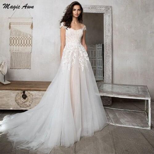 Magic Awn Light Champagne Boho Wedding Dresses Lace Appliques Cap Sleeves Illusion Beach A-Line Mariage Gowns Customized Vestido