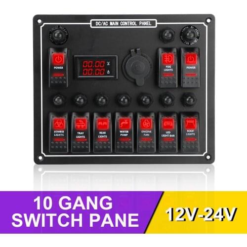 Overload Protection LED AC/DC Dual Power Control Waterproof Car Auto Marine Rocker Switch Panel 10 Gang 15A DC Output