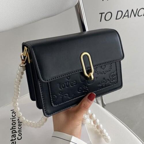 Women Simple Small Leather Crossbody Bags Pearl Chain Messenger Bag Female Pure Color Designer Handbags Casual Flap Shoulder Bag