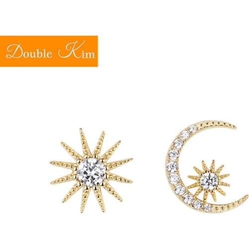 Sun Moon Stud Earrings Titanium Stainless Steel Inlaid Zircon Asymmetric Earrings Gold Color Trendy Fashion Women Jewelry Gift