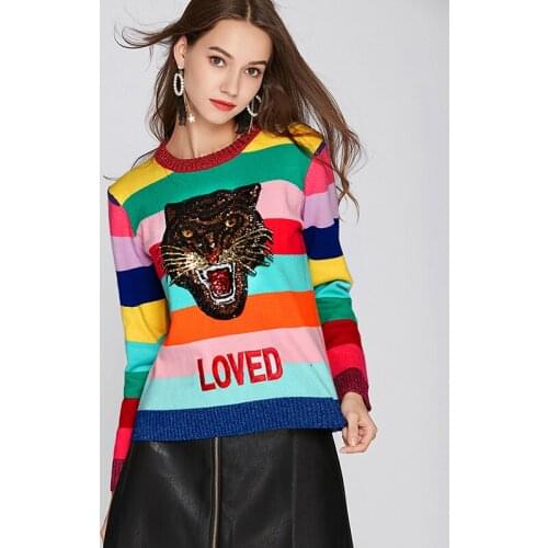 2021 Runway Designer Winter Sweater Women Flower Embroidery Tiger Rainbow Stripe Knitted Casual Pullover Jumper pull femme