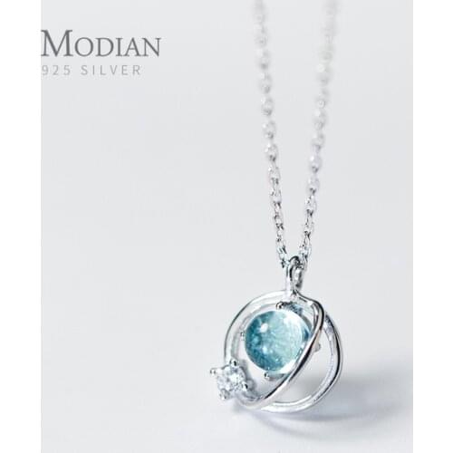 Modian Exquisite Blue Opal Crystal Round Necklace Pendant 100% 925 Sterling Silver Jewelry For Women Party Short Colliers Chain