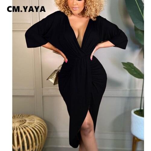 CM.YAYA Women Midi Dress Solid Slited Pencil Vestidos Cleavage Sexy Night Club Party Dresses Female Fashion Vintage Clothes Fall