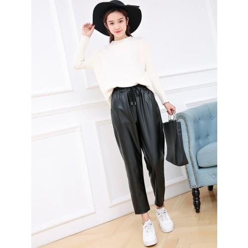 2017 female fashion casual loose baggy pants pants nine winter slim Haren straight Pu pants