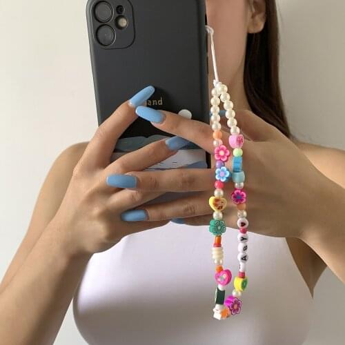 2021 Trendy Little Daisy Phone Chain Women Soft Pottery Beads Letter Mobile Strap Phone Charm Creative Anti-Lost Lanyard Jewelry
