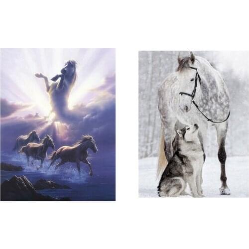 5D Diy Diamond Painting - Wolf and Horse & Four Horses Sky Pattern Full Square Diamond Embroidery Cross Stitch Home Decor