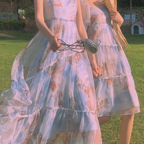 Angel Print French Dress Women Vintage Puff Sleeve Fairy Beach Strap Robe Lady Summer Square Collar Elegant Chiffon Midi Dresses