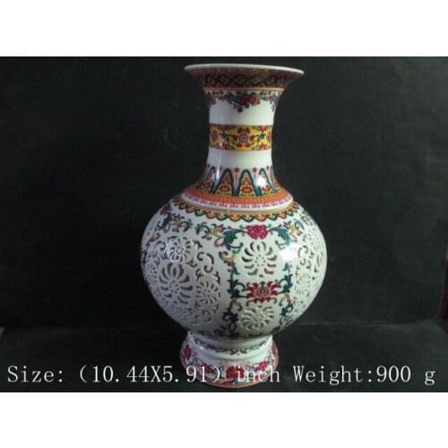 Antique ceramic vase of hollow out two pieces of peach blossom birds / 9-11