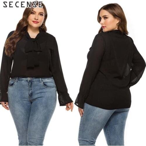 Women Blouses Long Sleeve Black Bow Loose Casual Tops Plus Size 5xl Office Shirt Fashion Clothing 2021 SECENSE
