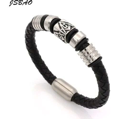 JSBAO Length 21.50CM Magnetic Buckle Genuine Leather Bracelet Stainless Steel Freemason Masonic Bracelets Mens Jewelry