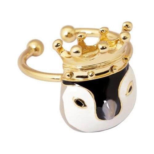 European and American Personality Fashion Trend Simple Crown Penguin Hand Ornament Enamel Glaze Opening Adjustable Ring Female