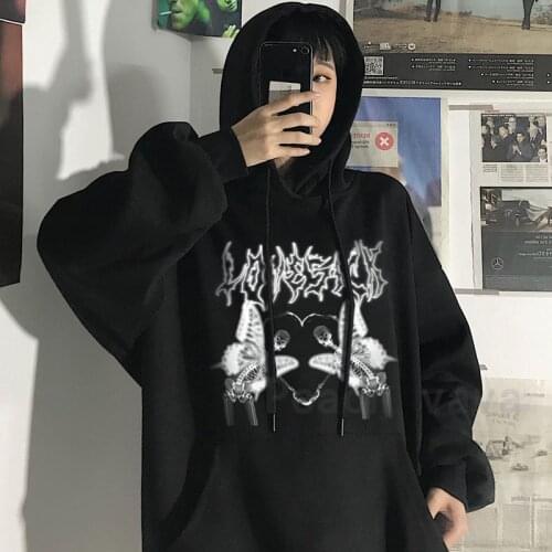 Art Skeleton Butterfly Picture Female Pullover Tops Hip Hop Punk Streetwear Goth Harajuku Casual Loose Hoodie Sweatshirt Hooded