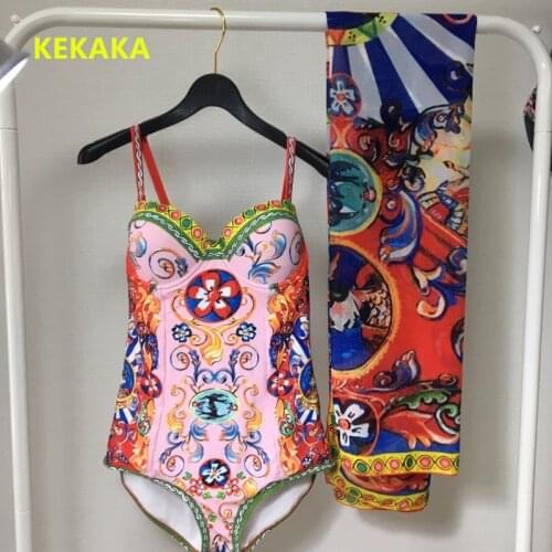 KEKAKA With Shawl 2021Vintage Pink Floral Printed One Piece Swimsuit Sexy Push Up Tummy Control Bathing Suit Swimwear Women