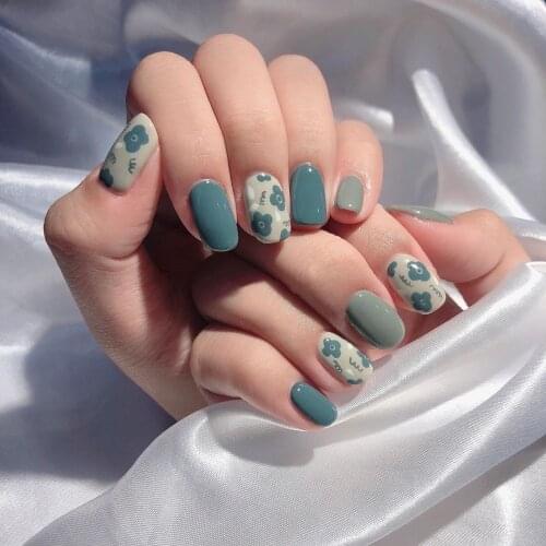 Short Style False Nail Gray Blue Flower Wearable Nail Finished Fake Nail Waterproof Nail Patch 2021 New Nail Acrylic