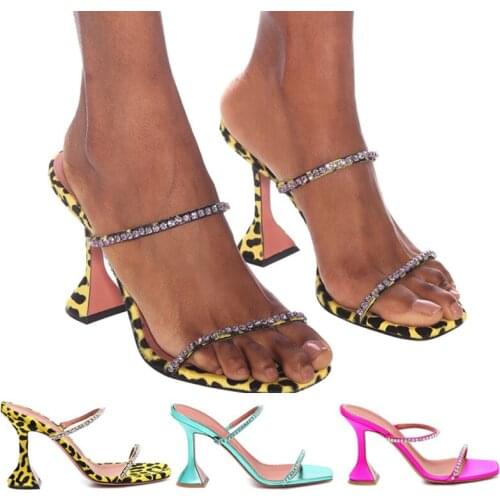Summer Stiletto Leopard Sandals Women Rhinestone Open Toe High Pumps Ladies Dress Wedding Square Toe High Heels Slides Big Size
