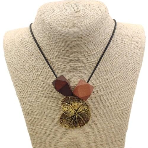 Hot Sale Ethnic Lotus Style Adjustable Antique Rereo Gold Silver plated Long Rope Pendant Necklace Wood Wooden Men AQ023