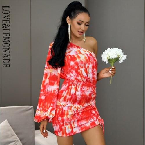 LOVE＆LEMONADE Sexy One Shoulder Loose Craft Slim Red Abstract Print Single Sleeve Mini Dress LM82817