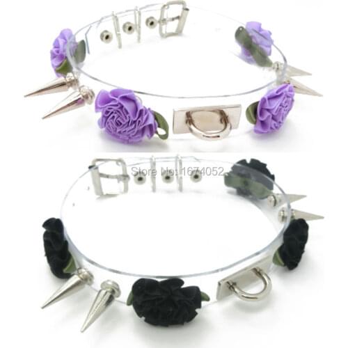 Cute Cosplay Women Girl Punk Double Spikes Choker PVC Vinyl Clear Flower Collar Necklace