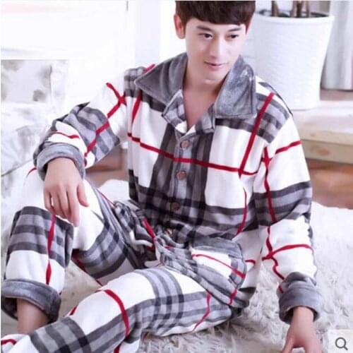 Mens Sleepwear Fall and Winter Thick Warm Plaid Flannel Pajamas Sets Sleep & Lounge Full Sleeve Male Pijamas Hombre HomeWear