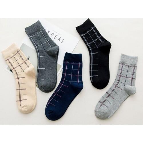 5 Pairs Cotton Mens Breathable Crew Socks Solid Color Stripe Japanese Style Gifts For Man Compression Business Middle Tube Sox