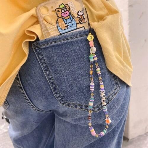 2021 New Ins Trendy Colorful Pearl Beads Chain Mobile Phone Chain Anti-lost Handmade Acrylic Cord Lanyard for Women Girls