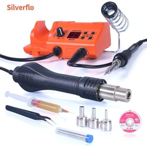 Silverflo 882D SMD Soldering Station for SOIC, CHIP, QFP, PLCC, BGA, SMD Repair 2 in 1 Welding Station Hot Air Gun Iron Handle