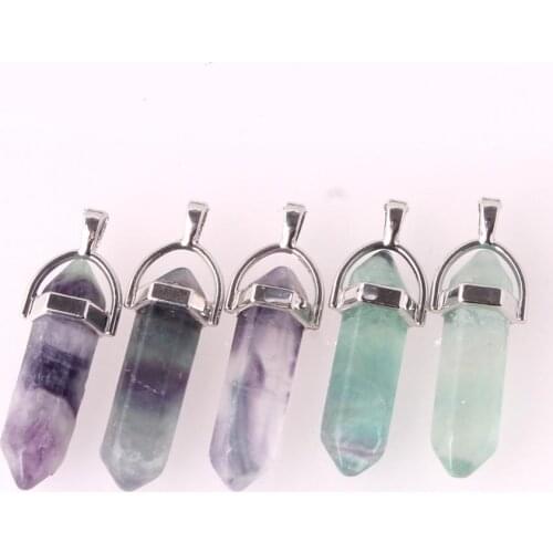 Natural Stone Fluorite Quartz Crystal Pendant Jewelry Making Necklace Suspension Natural Gem Stone Bullet Hexagonal Pendulum