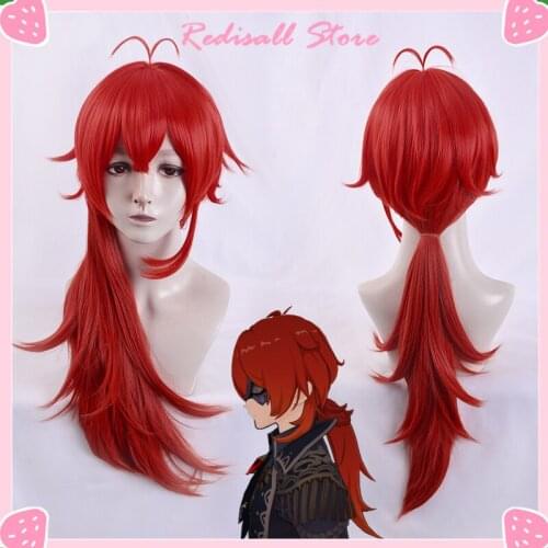 Diluc Wig Genshin Impact Cosplay Red Long Straight Heat Resistant Hair Women Halloween Game Role Play