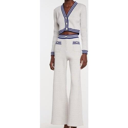 Luxury Button V-Neck Small Short Long Sleeve Knit Top + High Waist Pants Striped Sports Suit Two-Piece Set Women Fall Clothes