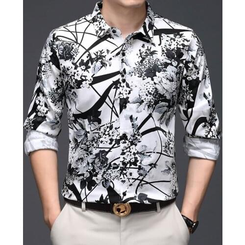 Long Sleeve Shirts For Mens Cotton Fashion Man Clothes Flowers Black White Dress Shirts For Fat Floral Printed Clothes Big Size