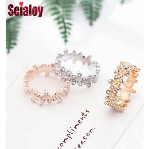 SEIALOY Rose Gold Dazzling Daisy Group Rings For Women Couple Lovers Wedding Quality Stackable Princess Crown Color Stripes Ring
