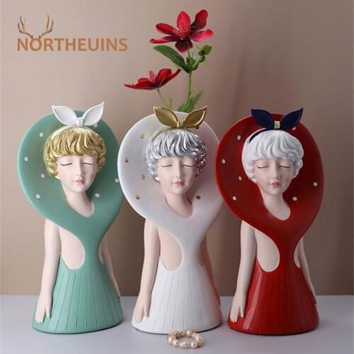 NORTHEUINS Resin Beauty Flower Vases Modern Girl Figurines For Interior Planter For Flowers Plant Pot Nordic Home Desktop Decor