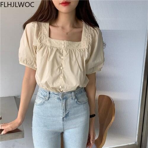 2021 Summer Cute Sweet Square Neck Tops Blusas Fashion Women Solid Colors Chic Korea Design Single Breasted Button White Shirts