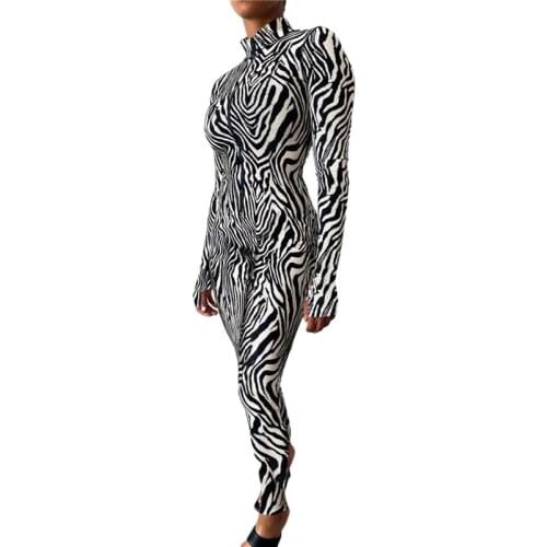 Xingqing Zebra Print Jumpsuit Autumn and Winter Long Sleeve Round Neck Romper Women Jumpsuit Clubwear One Piece Romper Playsuits