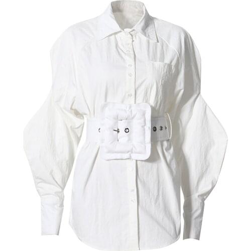 Elegant Cutton Turn-down Collar Long Sleeve Irregular Mini Dress Women with Buckle Belt Black White