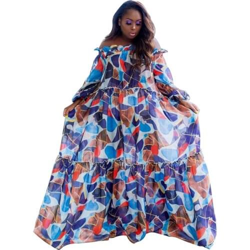 Ruffle Maxi Dress For Women Off The Shoulder Full Sleeve Loose Robes Autumn New Colorful Print Elegant Chic Party Dress Vestidos