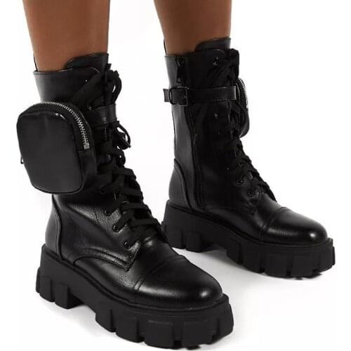 2020 Chunky Women Boots Pocket Platform Boots Fashion Brand Designer Ankle Boots Motorcycle Boots Female Sole Pouch Women Shoes