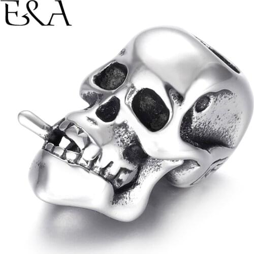 Stainless Steel Beads Skull Blacken Metal Large Hole 6mm Charm Slider DIY Men Bracelet Making Supplies Handmade Jewelry Findings