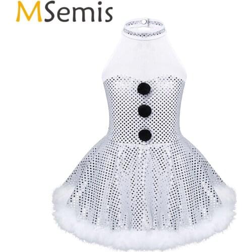 Kids Girls Christmas Snowman Costume Ballet Dancewear Shiny Sequins Figure Ice Skating Dress Roller Skating Baton Twirling Dress