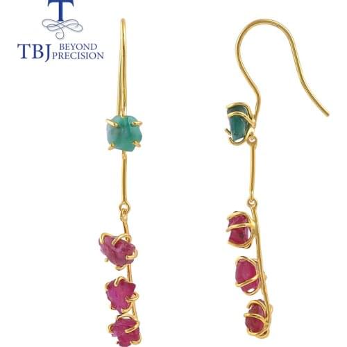 Long earring handmade natural emerald ruby gemstone Rough fine jewelry 925 sterling silver unique design for fashion girls party