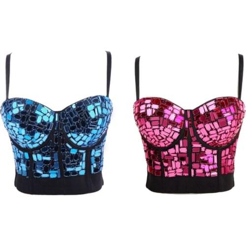 Women Sexy Bustier Bra Glitter Reflective Sequins Camisole Vest Music Festival Rave Party V-Neck Corset Top Bralette