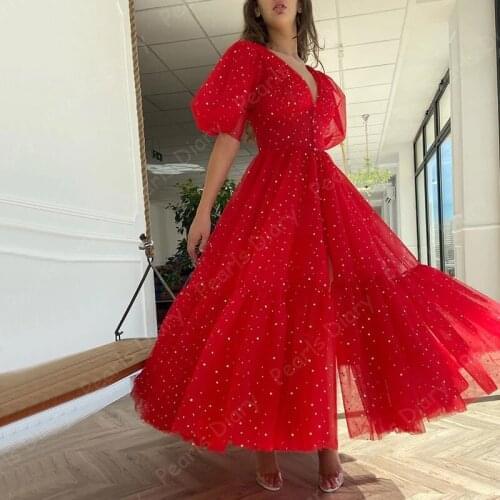 Red Simple A-line Prom Dresses Shiny Party Wear Half Puffy Sleeves Ankle Length Formal Dress Design 2021 V Neck Women Prom Dress