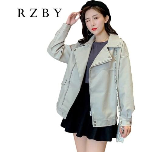 Spring Womens Autumn New Styles Large Size Loose Fashion Casual Bright Beige Artificial PU Leather Jacket Soft Coat