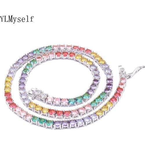Brass 16/18/20/22/24 Inch Tennis Necklace Choker Chain Pave Sparkly 4 mm Rainbow Colorful Zircon Hip Hop Rock Jewelry For Women