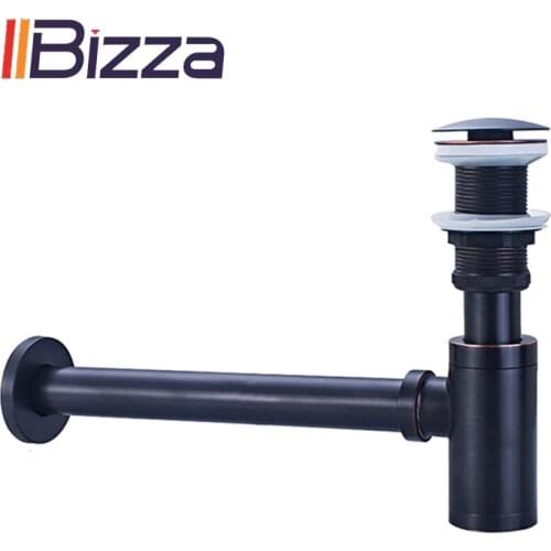 IIBizza Basin Bottle Trap Brass Bathroom Sink Siphon Drains with Pop Up Drain Black P-TRAP Pipe Waste Set Washbasin Wall Sewer