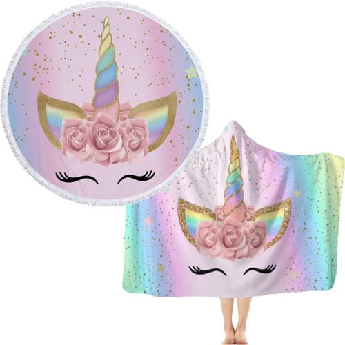 Soft Microfiber Beach Towel Unicorn Printing Summer Hooded Beach Towel Swimming Bath Towel Adults Children Round Yoga Blanket
